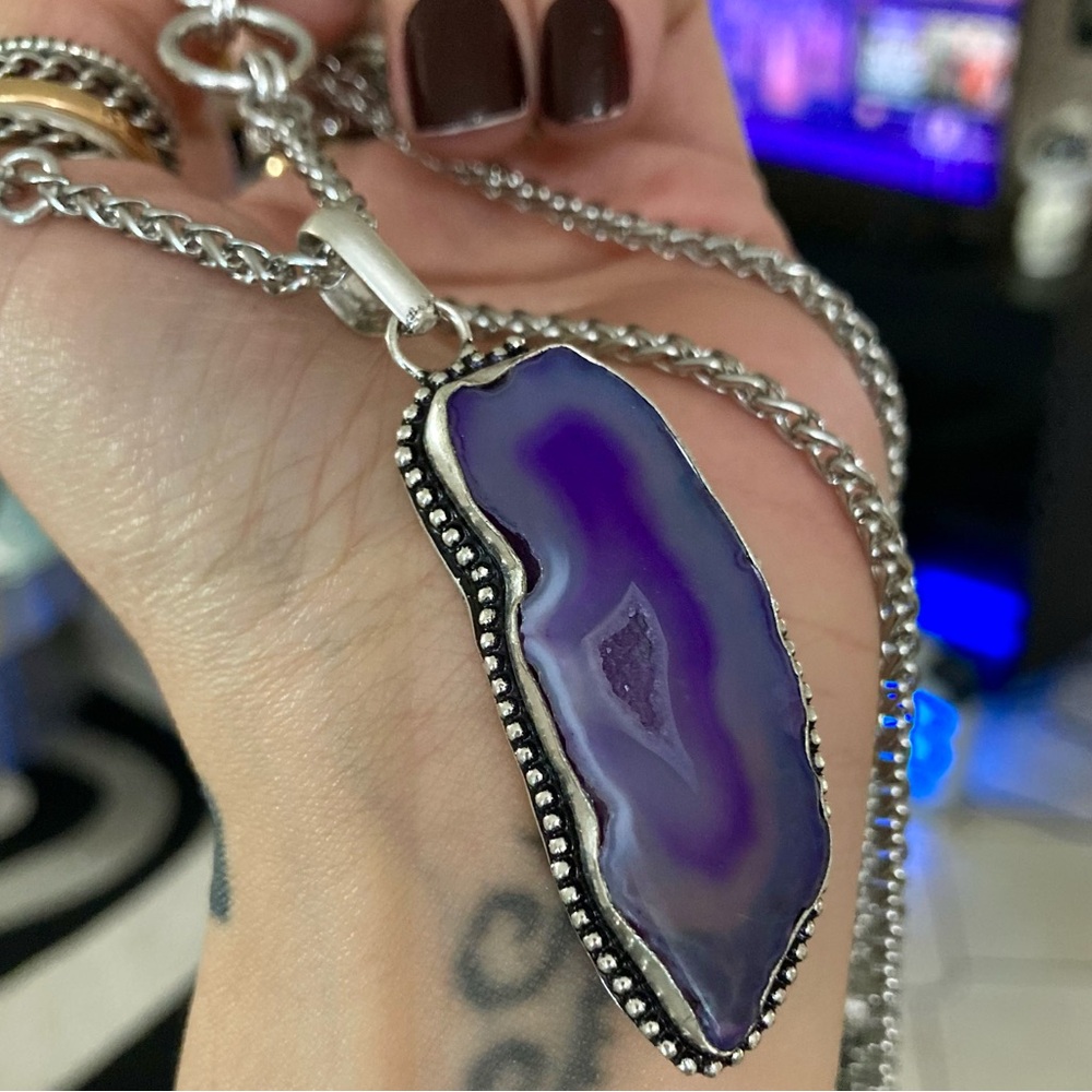925 sterling silver overlay Purple agate slice gemstone charm boho necklace . - Picture 8 of 16